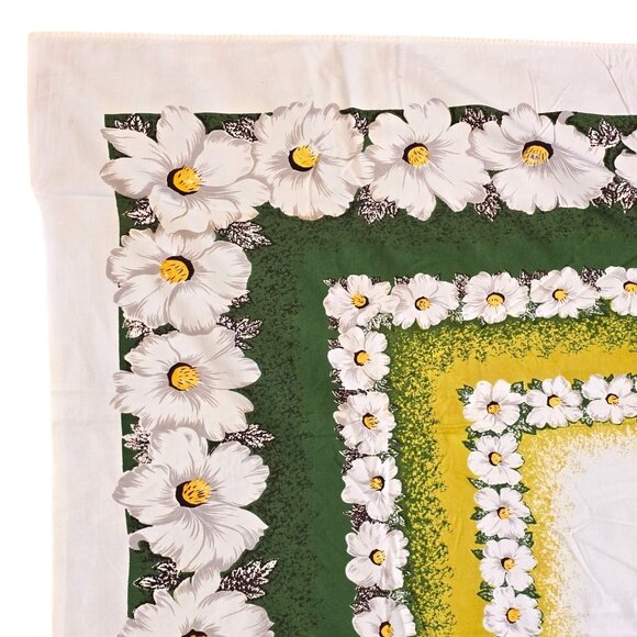 Vintage Tablecloth Floral White Yellow Green Tropical Hibiscus Border 52x64 Luau - Picture 9 of 15